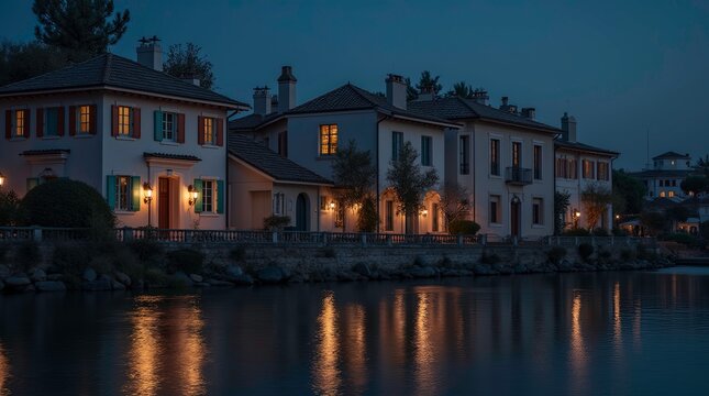 a row of historical traditional Mediterranean style houses at night soft warm lights glowing from the windows and making reflection 3d illustrated image