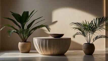 A minimalist living room with a round coffee table, lush green plants, and soft natural light creates a calming and inviting atmosphere