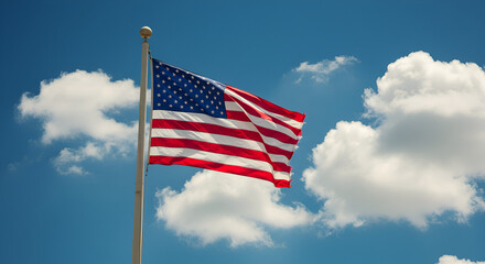 Obraz premium A vibrant United States flag waving proudly against a beautiful blue sky