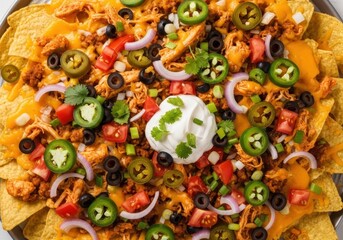 Loaded nachos with chicken, cheese, and fresh toppings a classic tex-mex appetizer