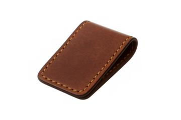 Stylish brown leather money clip with saddle stitching isolated on a transparent background, perfect for showcasing minimalist design