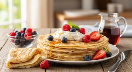 Stack of crepes with fresh berries and cream a delicious and elegant breakfast