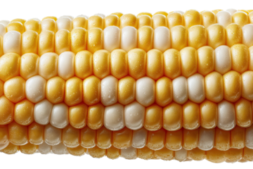 Close-up of a corn cob, alternating pale yellow and white kernels