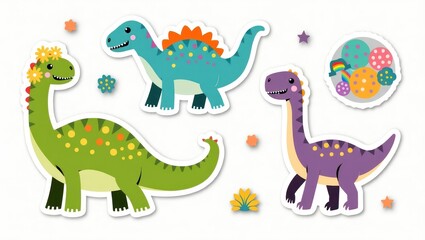 Cute cartoon dinosaurs in various colors, decorated with flowers and dots.