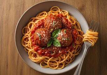 Classic spaghetti and meatballs with tomato sauce and basil in rustic bowl on wood table top view