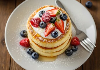 Fluffy syrniki cheese pancakes with fresh berries and cream for breakfast on a rustic wood table