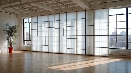 Fototapeta premium Aluminum sliding dividers with frosted glass panels in minimalist home