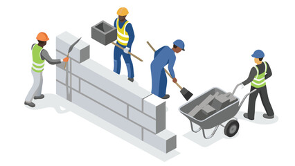 Illustration of construction workers building a wall with blocks and using a wheelbarrow and tools