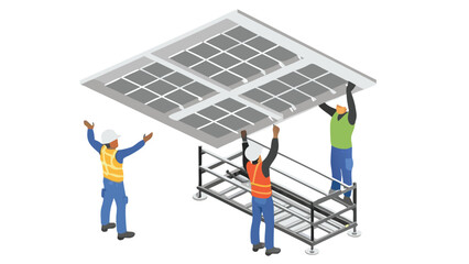 Construction workers installing a large ceiling panel with square designs on a metal scaffolding frame