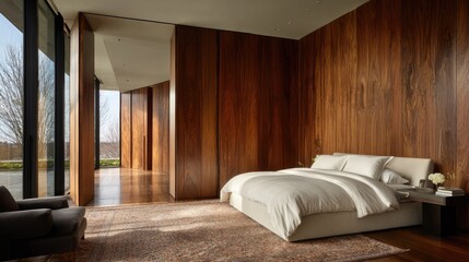 Bedroom separated by  sliding panels opened  wide to create airy space
