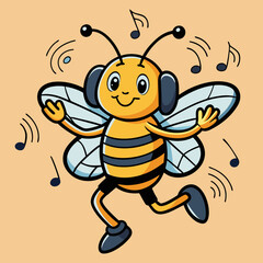 Cheerful cartoon bee wearing headphones dancing with musical notes insect animal