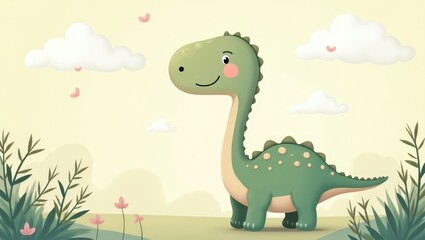 A cute, cartoon dinosaur in a serene landscape.