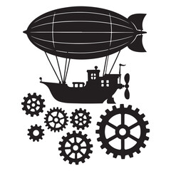 Black silhouette of a fantasy steampunk dirigible with mechanical gears. Industrial revolution era inspired vector transport.