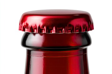Closeup of a red bottle with a metal crown cap