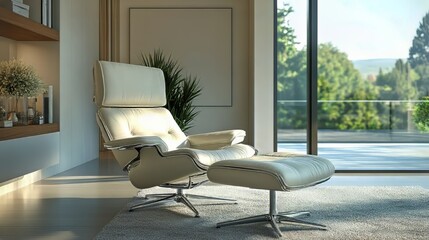 White leather recliner chair with chrome accents in contemporary living room