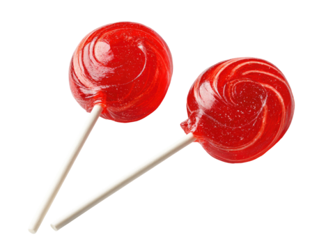 Two round, vibrant red lollipops with swirls, on white sticks, isolated against black