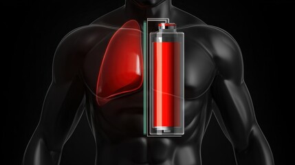 Stylized black human torso with glowing red lungs alongside a full battery presented on a dark background