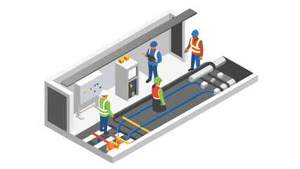 Isometric view of workers inspecting cables in a utility tunnel with control panel and equipment inside