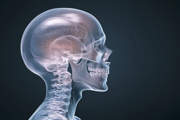 Detailed X ray image of human skull showcasing intricate structure of cranium and spine, illuminated in neon purple and blue hues, evokes sense of wonder and curiosity about human anatomy