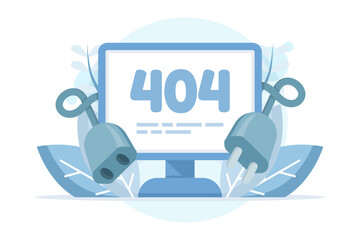 Error 404 Concept, Error 404 on Monitor Screen Icon. Web Page Not Found and Internet Problems. System error, Broken page. Unplugged cable from wall outlet. Flat illustration on background.