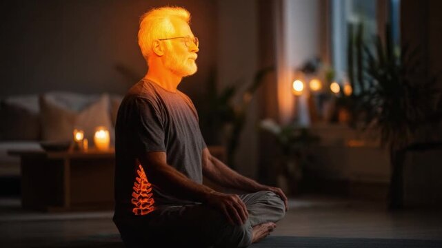 Elderly man practicing meditation indoors with glowing spine and chakra visualization, calm and peaceful atmosphere, cozy living room setting, wellness concept