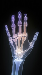Detailed X ray image of human hand showcasing skeletal structure, highlighting bones and joints. image emphasizes clarity of bones, illustrating potential conditions like arthritis