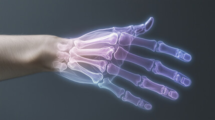 Detailed X ray image of human hand showcasing skeletal structure neon purple and blue hues, highlighting intricate bone formations and joints. This high fidelity representation emphasizes beauty