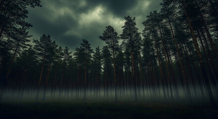Eerie Dark Pine Forest with Dense Ground Fog and Overcast Stormy Sky at Dusk