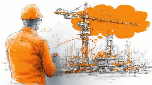 Construction Worker with Hard Hat and Notepad Overseeing Urban Building Site with Tower Cranes and Skyscrapers Sketch Style