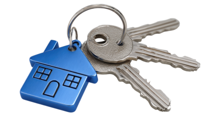 Three metal keys, a small blue house keychain attached