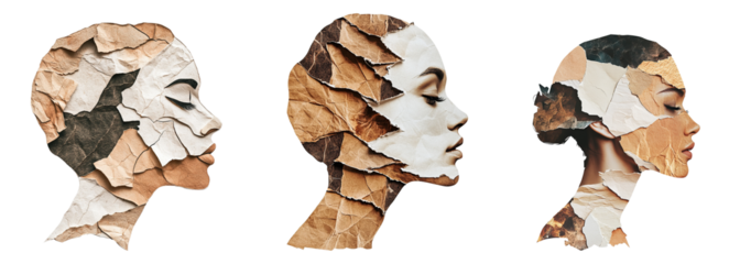 Creative collage of a collection of female faces made from paper cutouts, isolated on a transparent background. PNG