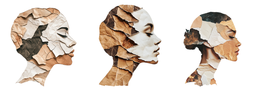 Creative collage of a collection of female faces made from paper cutouts, isolated on a transparent background. PNG