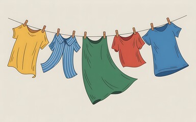 Five colorful clothes hanging on a clothesline laundry