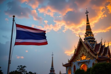 thai flag in front of a glowing buddhist temple at dusk, signifying spiritual depth and cultural pride.
