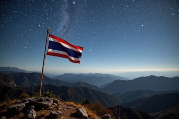a solitary thai flag on a hilltop under a starry sky, symbolizing solitude, reflection, and quiet strength.