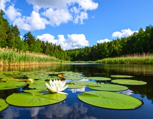 Serene lake scene with lily pads and clouds