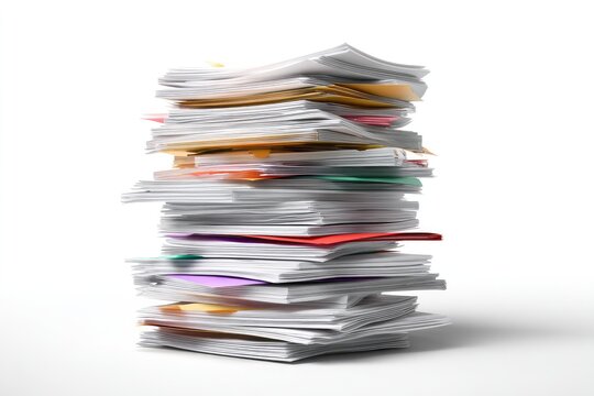 A large stack of papers of various colors and sizes sits on a white background