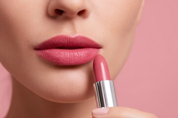 Closeup of lips applying lipstick pink background makeup beauty