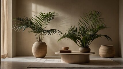 A minimalist living room showcases lush indoor plants, a stylish table, and soft sunlight, creating a serene and inviting atmosphere for relaxation
