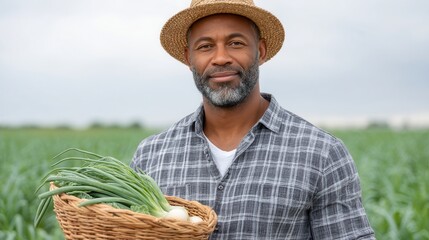 Fototapeta premium Proud Farmer with Harvest: A seasoned farmer, clad in a straw hat, cradles a basket brimming with fresh produce, his gaze reflecting contentment and pride against the backdrop of thriving crops.