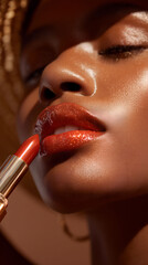 Professional makeup artist applying coral lipstick on model's glossy lips, creating a glamorous and vibrant look for a beauty campaign or fashion photoshoot