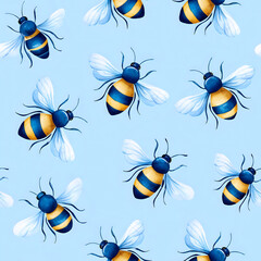 Watercolor seamless pattern with several blue and yellow bees flying on a light blue background, perfect for nature-themed projects or children's designs, textile, scrapbooking, wrapping paper