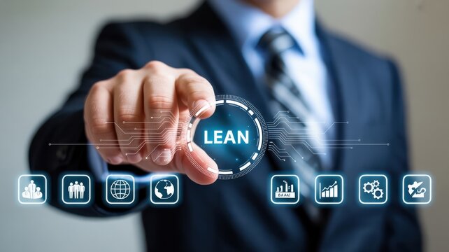 Implementing Lean Management: A business person interacting with a "LEAN" icon surrounded by efficiency and process improvement symbols, illustrating streamlined operations and waste reduction