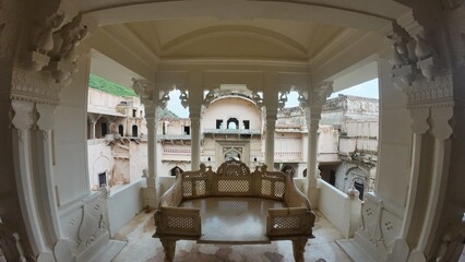 Balcony with Ornate Columns and Stone Carvings Inside Taragarh Fort, Bundi, Rajasthan, India