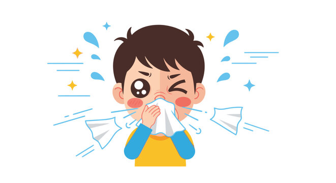 Cute boy sneezing into tissue, feeling unwell with allergy symptoms, illustration