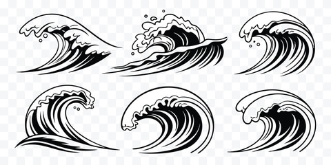 Fototapeta premium Illustrative Black and White Set of Ocean Wave Designs for Creative Projects and Artistic Applications