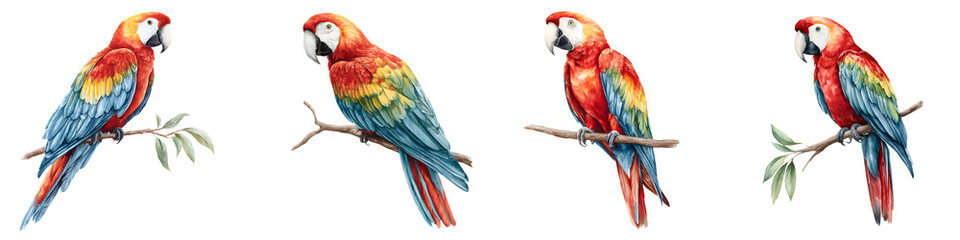 Naklejka premium Scarlet Macaw Parrots Collection, Watercolor Tropical Bird Illustrations