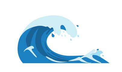 tsunami, Stylized Blue Ocean Wave with White Foam on White Background