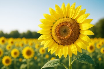 Bright sunflower in full bloom with detailed petals and textured center standing in a vibrant field under a clear blue sky during daylight.