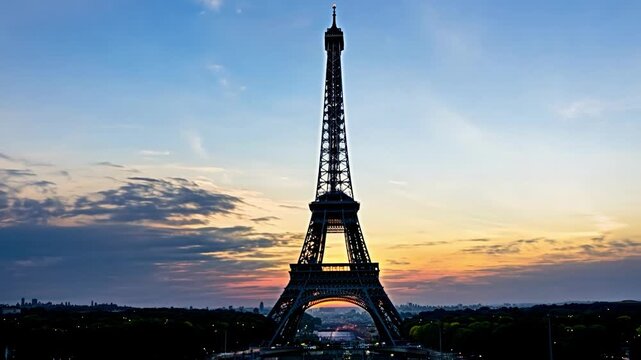 Aerial view of the Eiffel Tower surrounded by lush greenery under a cloudy sky, showcasing architectural beauty. Time lapse video